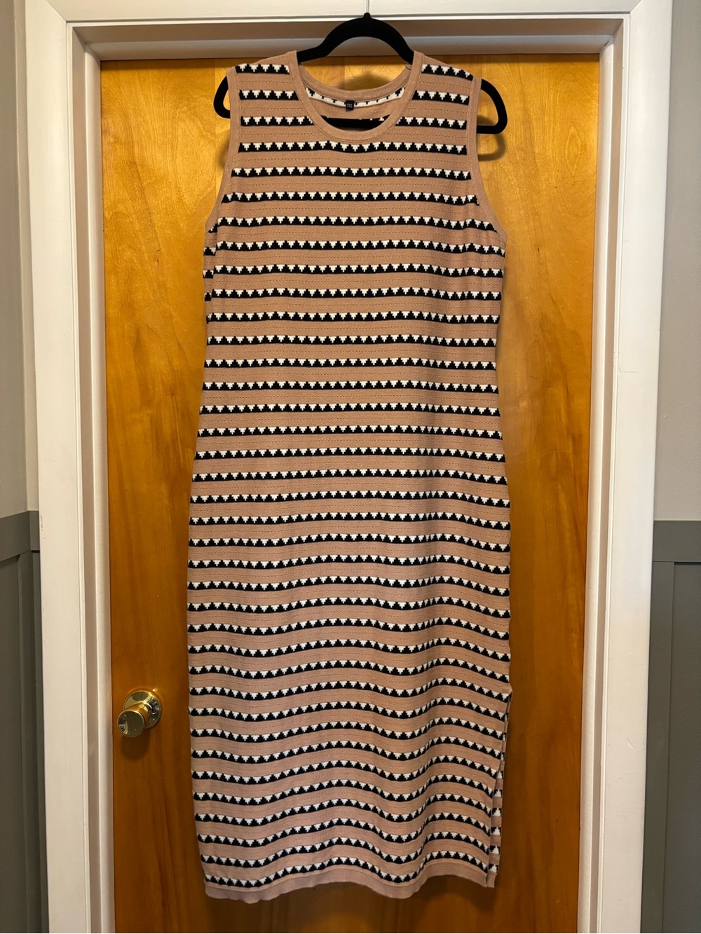 Sleeveless Midi Dress in Beige and Black Stripes